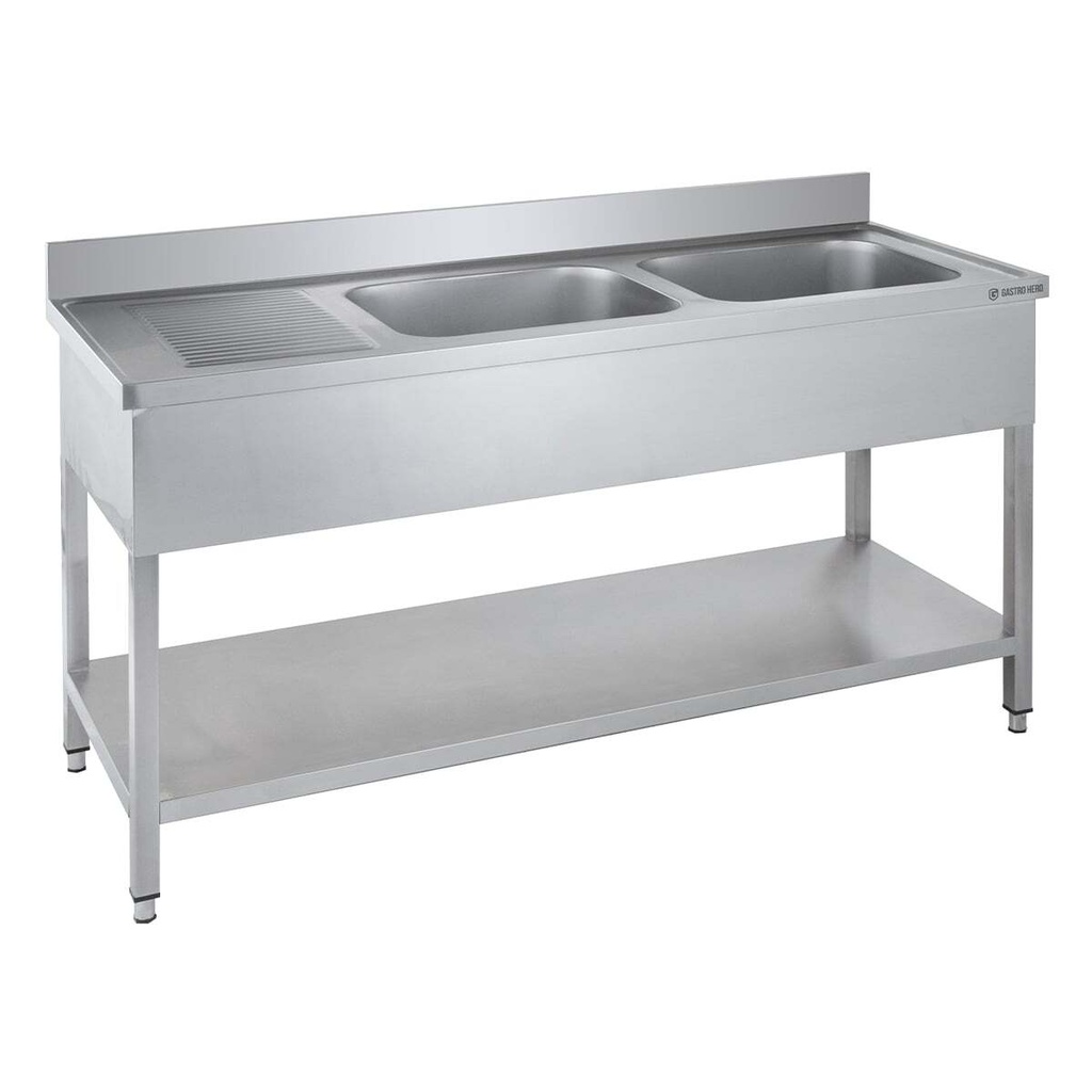 [SPT-BASIC16X6R2] Spültisch Basic 16x6 mit 2 Becken rechts, Aufkantung und Grundboden