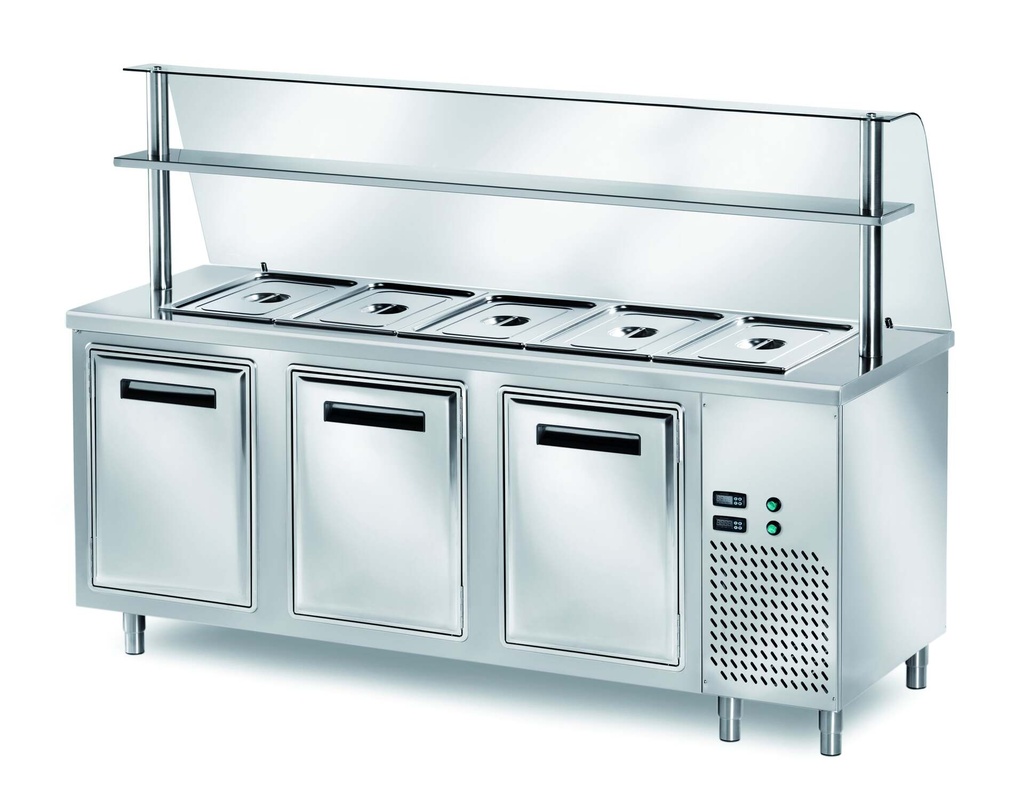 [TSV/20] Ausgaben Kühltisch PROFI gekühlt B200 mit Flügeltüren und Glasaufsatz 2000x700x1400 - 5x GN 1/1