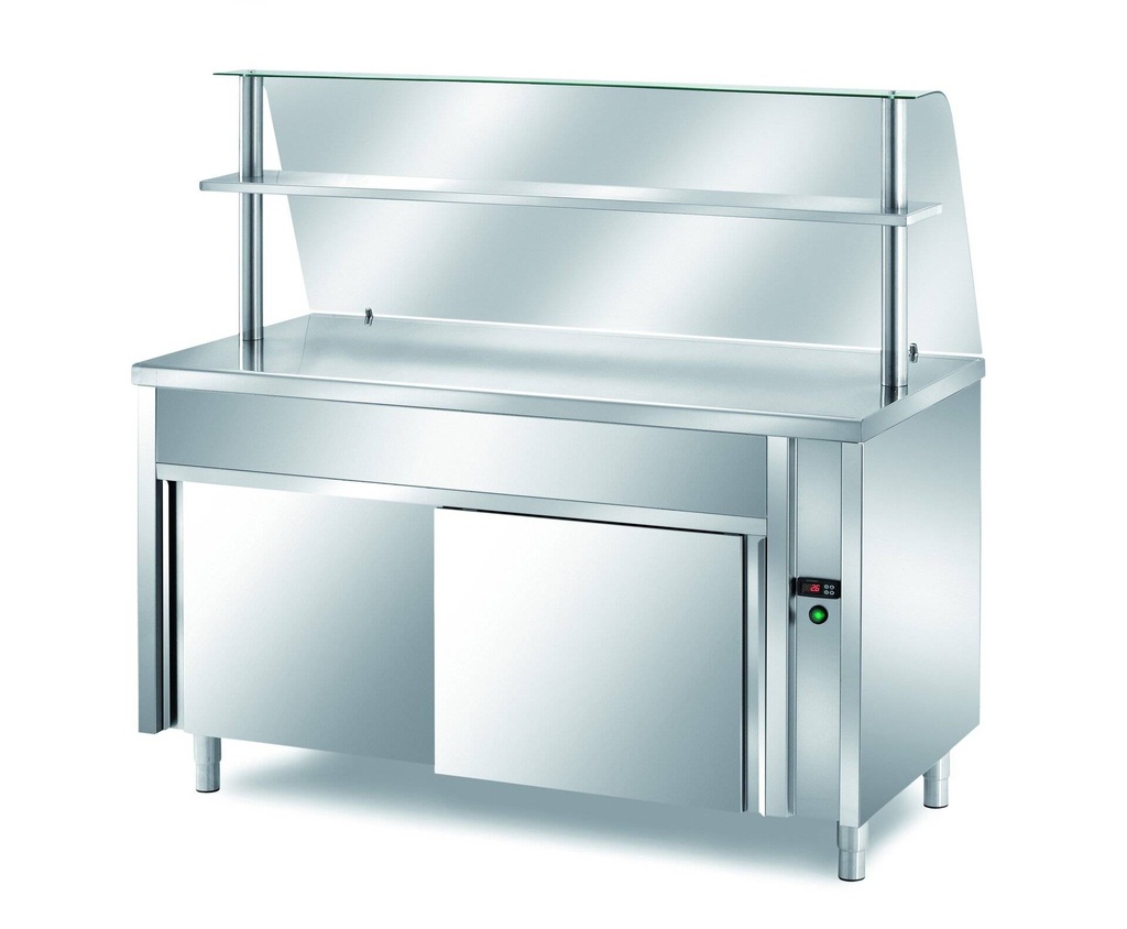 [SRP/20] Ausgabe Warmhaltetisch PROFI neutral mit Schiebetüren, geheizter Oberplatte und Glasaufsatz 2000x700x1400