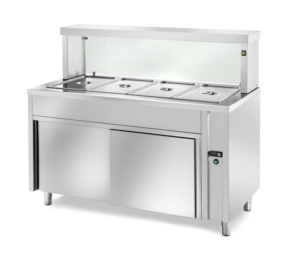 [RVB/20] Ausgabe Warmhaltetisch PROFI neutral mit Schiebetüren und eckigem Glasaufsatz 2000x700x1300