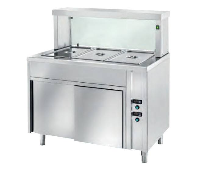 [RFC/12] Ausgabe Warmhaltetisch PROFI belüftet mit Schiebetüren und eckigem Glasaufsatz 1200x700x1300 - 3GN1/1