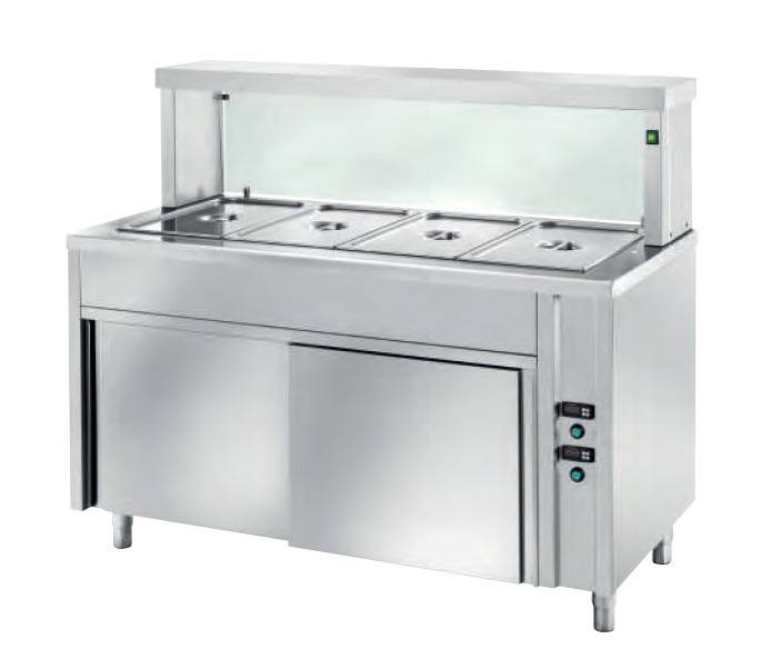 [RFC/15] Ausgabe Warmhaltetisch PROFI belüftet mit Schiebetüren und eckigem Glasaufsatz 1500x700x1300 - 4GN1/1