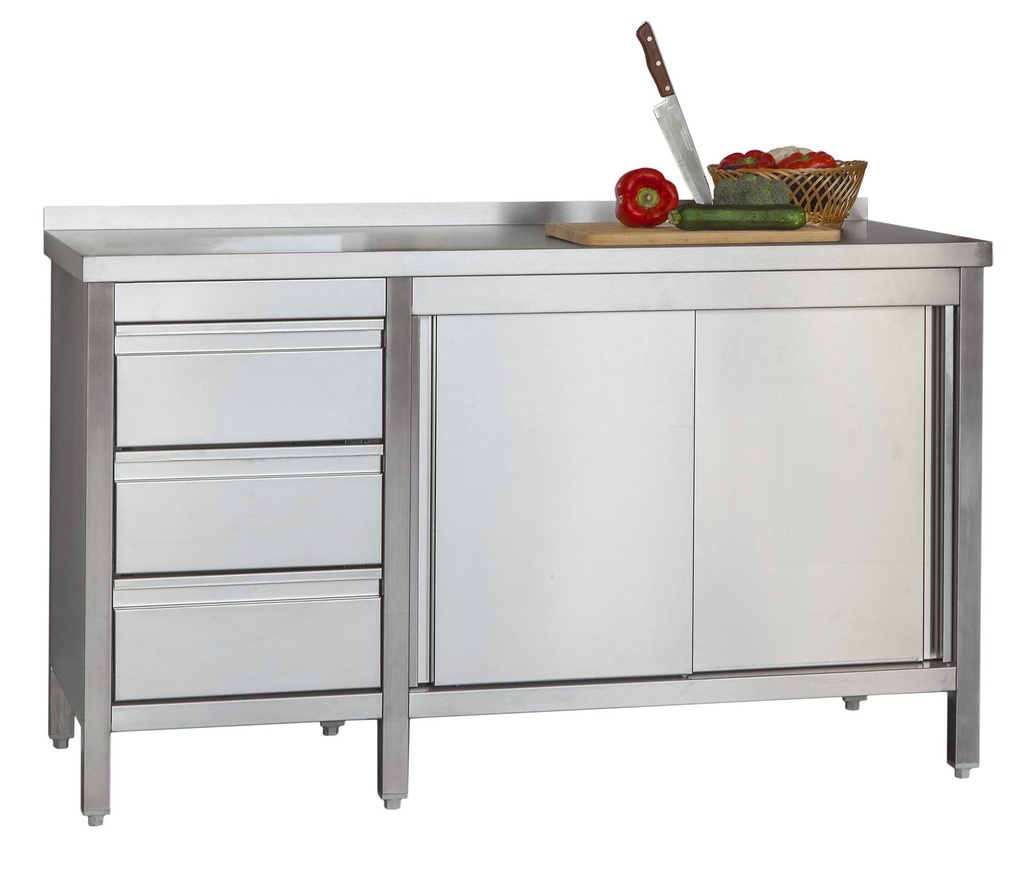[ASFBL106A] Edelstahl Arbeitsschrank Profi mit Flügeltüren- Aufkantung und 3 Schubladen 1000 x 600 x 850 mm
