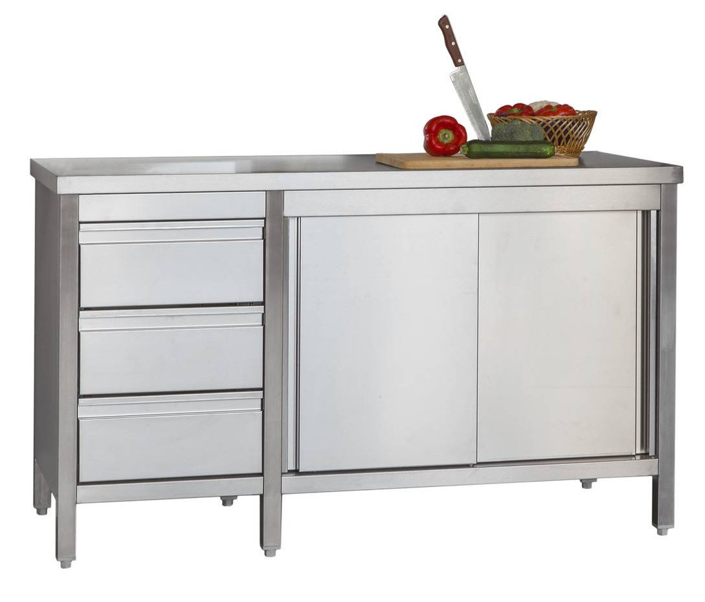 [ASFBL107] Edelstahl Arbeitsschrank Profi mit Flügeltüren und 3 Schubladen 1000 x 700 x 850 mm