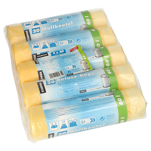 [12435] 5 x 100 Müllsäcke mit Zugband, HDPE 60 l 71 cm x 64 cm gelb