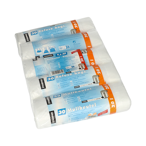 [12439] 5 x 150 Müllbeutel mit Zugband, HDPE 20 l 55 cm x 48 cm transparent