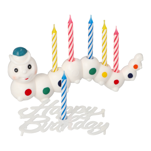 [14955] 8 x Halter für Geburtstagskerzen 6,5 cm x 15 cm "Würmli" mit 6 Kerzen