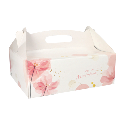 [18853] 10 x 15 Gebäck-Kartons, Pappe eckig 26 cm x 22 cm x 9 cm rosé mit Tragegriff