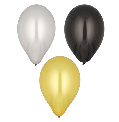 [37113] 12 x 6 Luftballons Ø 25 cm schwarz/gold/silber