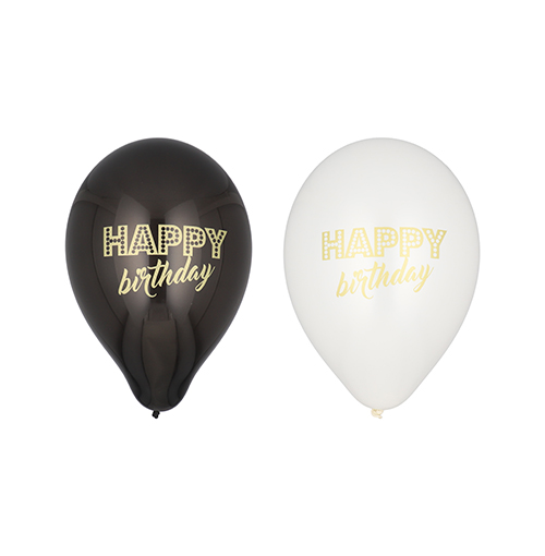 [37114] 12 x 6 Luftballons Ø 25 cm schwarz/weiss "Happy Birthday"