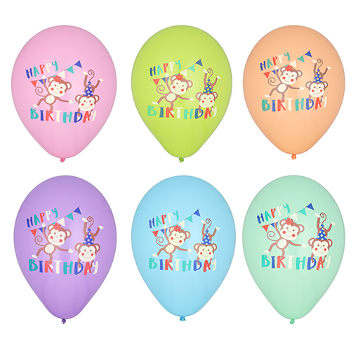 [37117] 12 x 6 Luftballons Ø 29 cm farbig sortiert "Monkey Birthday"