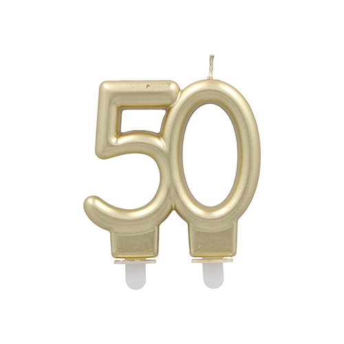 [37146] 12 x Jubiläumskerzen mit Halter 7 cm gold "50"