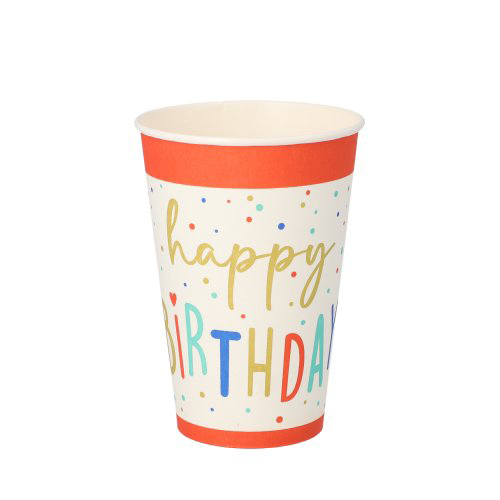 [37174] 14 x 10 Trinkbecher, Pappe 0,2 l Ø 7 cm · 9,7 cm weiss "Happy Birthday"