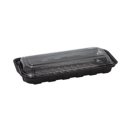 [37250] 20 x 50 Sushi-Schalen R-PET rechteckig 21 cm x 8,8 cm x 4,3 cm schwarz mit transparentem Deckel