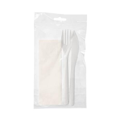 [37326] 10 x 50 Mehrweg-Bestecksets PP-MF 22 cm weiss : Messer, Gabel, Serviette in Folienbeutel