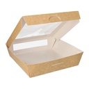 4 x 25 Feinkostboxen, Pappe mit Sichtfenster aus PLA eckig 1500 ml 19 cm x 19 cm x 5 cm braun