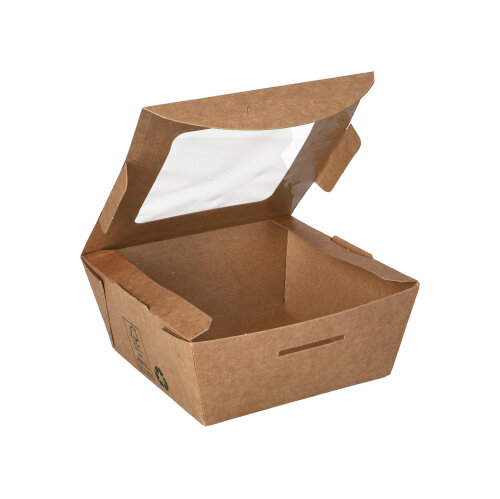 [87250] 12 x 40 Feinkostboxen Pappe "pure" eckig 350 ml 4,5 cm x 9 cm x 9 cm braun "100% Fair"