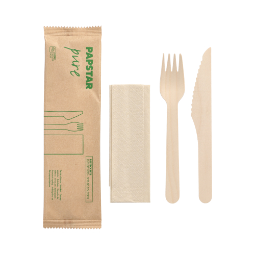 [88229] 10 x 50 Besteckset, Holz "pure" : Messer, Gabel, Serviette in Papierbeutel