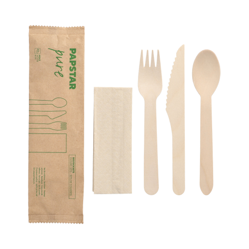 [88954] 10 x 50 Bestecksets, Holz "pure" : Messer, Gabel, Löffel, Serviette in Papierbeutel