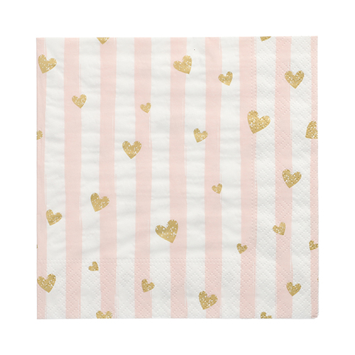 [89704] 12 x 30 Servietten, 3-lagig 1/4-Falz 33 cm x 33 cm pink "Golden Hearts"