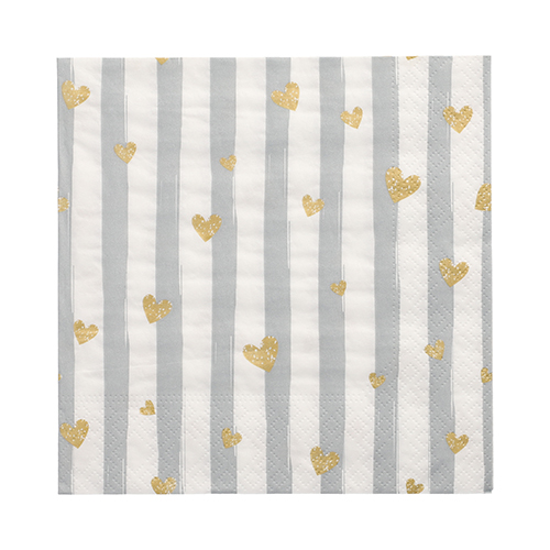 [89705] 12 x 30 Servietten, 3-lagig 1/4-Falz 33 cm x 33 cm grau "Golden Hearts"