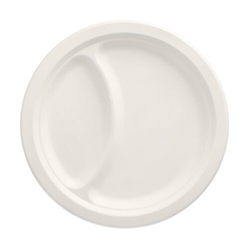 [89736] 10 x 50 Teller, Zuckerrohr "pure" 2-geteilt Ø 23 cm · 2 cm weiss