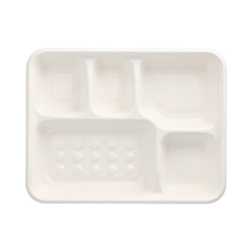 [89882] 5 x 25 Menü-Trays, Zuckerrohr "pure" 5-geteilt 3,7 cm x 22 cm x 28,2 cm weiss