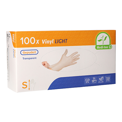 [93400] 10 x 100 "Medi-Inn PS" Handschuhe, Vinyl gepudert "Light" transparent Größe: S