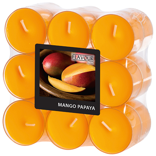 [96984] 6 x 18 "GALA" Duftlichte Ø 38 mm · 24 mm pfirsich - Mango-Papaya in Polycarbonathülle