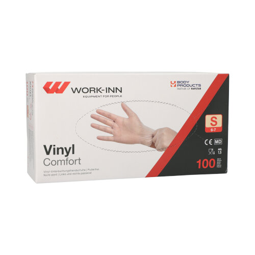 [98404] 10 x 100 "WORK-INN/PS" Handschuhe, Vinyl puderfrei "Comfort" transparent Größe: S