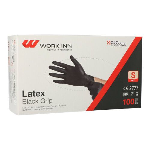 [98424] 10 x 100 "WORK-INN/PS" Handschuhe, Latex puderfrei "Black Grip" schwarz Größe: S