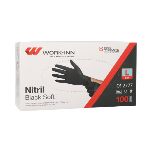 [98438] 10 x 100 "WORK-INN/PS" Handschuhe, Nitril puderfrei "Black Soft" schwarz Größe: L