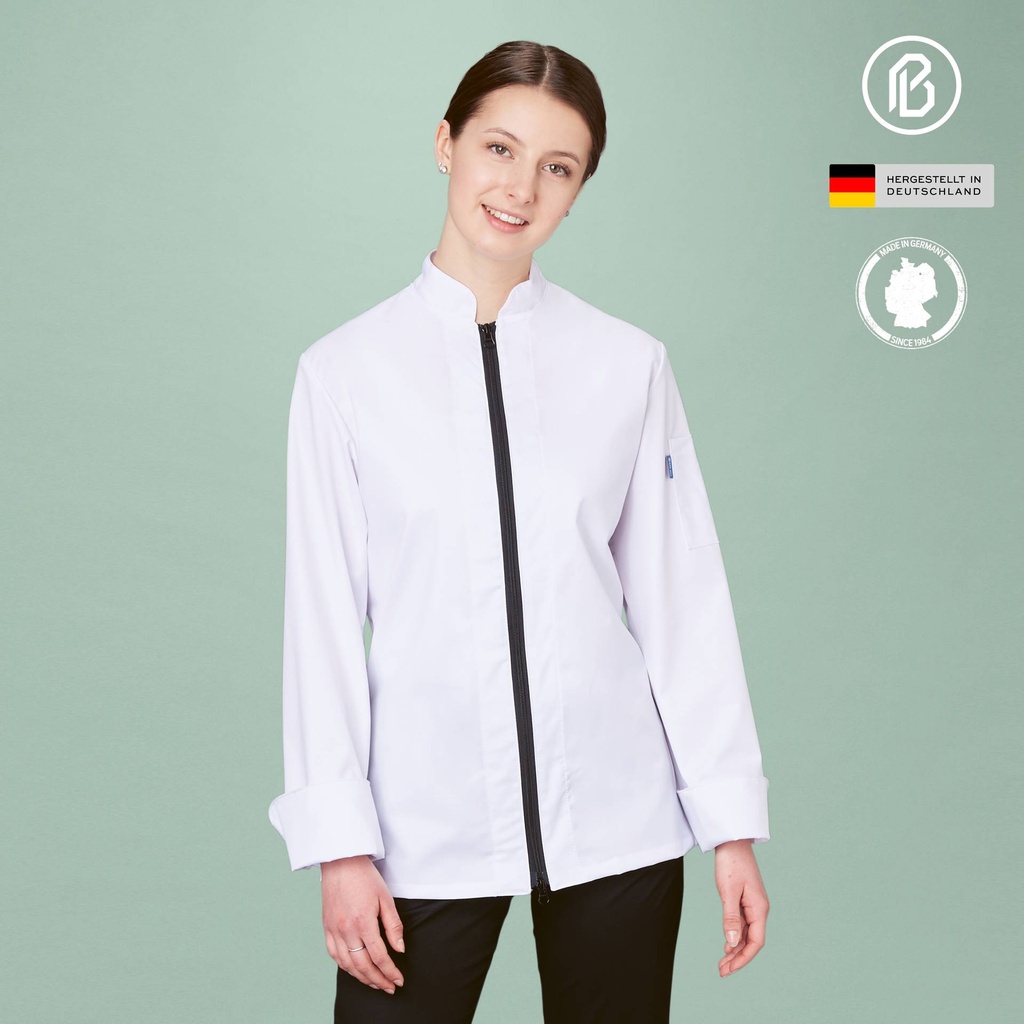 [01100RI-B] Satin-Rike, weiße Damen-Kochjacke