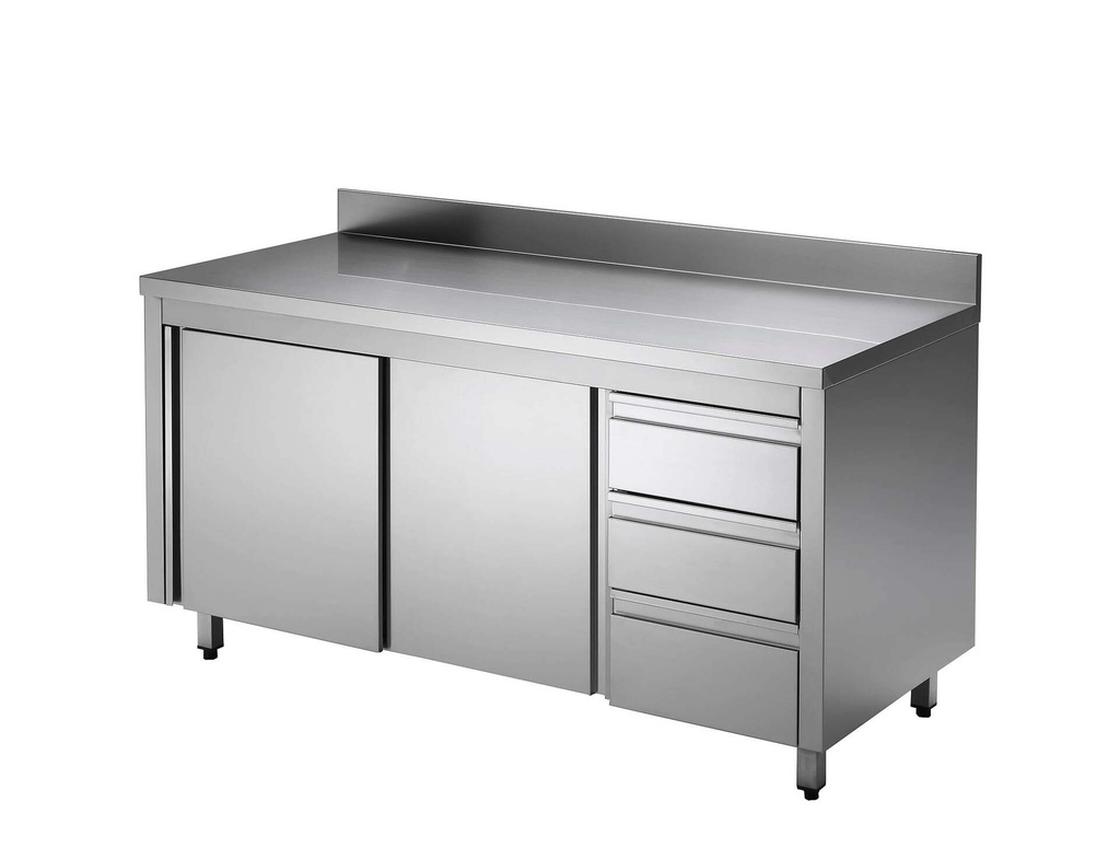 [ASS3SR-ECO14X6A] Edelstahl-Arbeitsschrank ECO mit Flügeltür und 3 Schubladen 14x6 mit Aufkantung