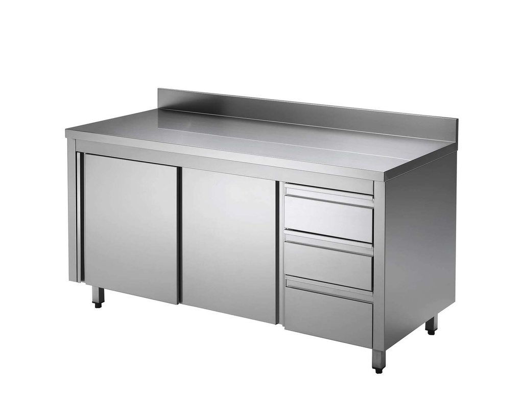 [ASS3SR-ECO14X7A] Edelstahl-Arbeitsschrank ECO mit Flügeltür und 3 Schubladen 14x7 mit Aufkantung